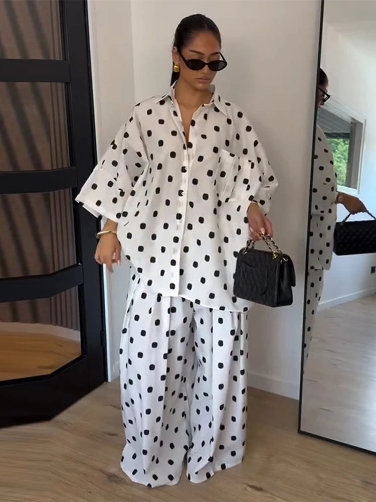 2026 Autumn Summer Polka Dot Shirt Pants Women Set Elegant Lapel Three Quarter Top Wide Leg Trousers Vacation Lady Outfit Suits