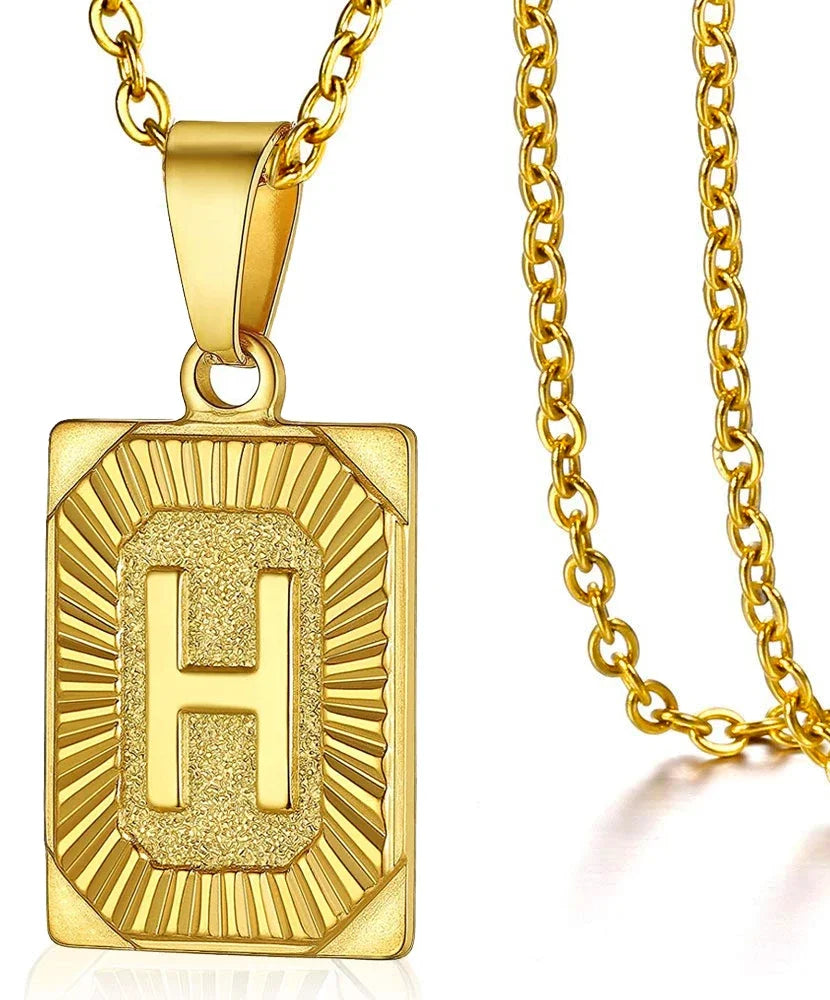 Initial Pendant Necklace for Women Simple Stainless Steel Cuba Link Charm Letter Square Necklace Men Jewelry Couple Gift