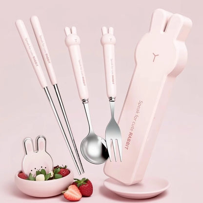 WORTHBUY 3/4PCS Cute Portable Dinnerware Set Reusable 304 Stainless Steel Fork Spoon Chopsticks With Box Cutlery For Kid Student