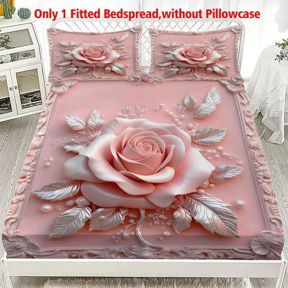1pc 3D Embossed Pink Rose Print Fitted Sheet Deep Pocket Elastic Mattress Cover Single Double Queen King Bedroom Decor