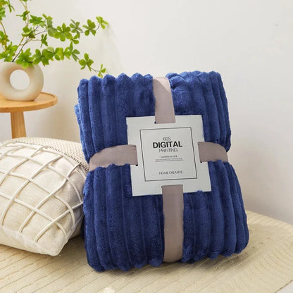 Coral Fleece Flannel Blanket 300GSM Ultra Soft Microfiber Plush Throw Blanket Warm Striped Cozy Blanket for Couch Bed Sofa