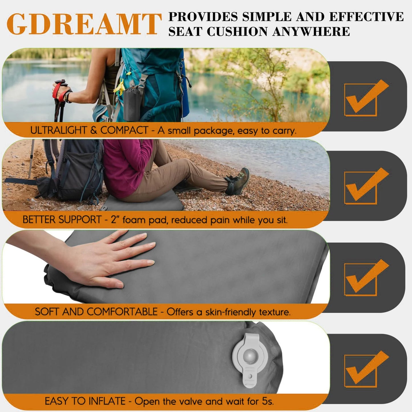 Portable Self Inflating Seat Cushion 5 Seconds Auto Inflate Camping Pad with Memory Foam Lightweight Travel Pillow for Outdoor