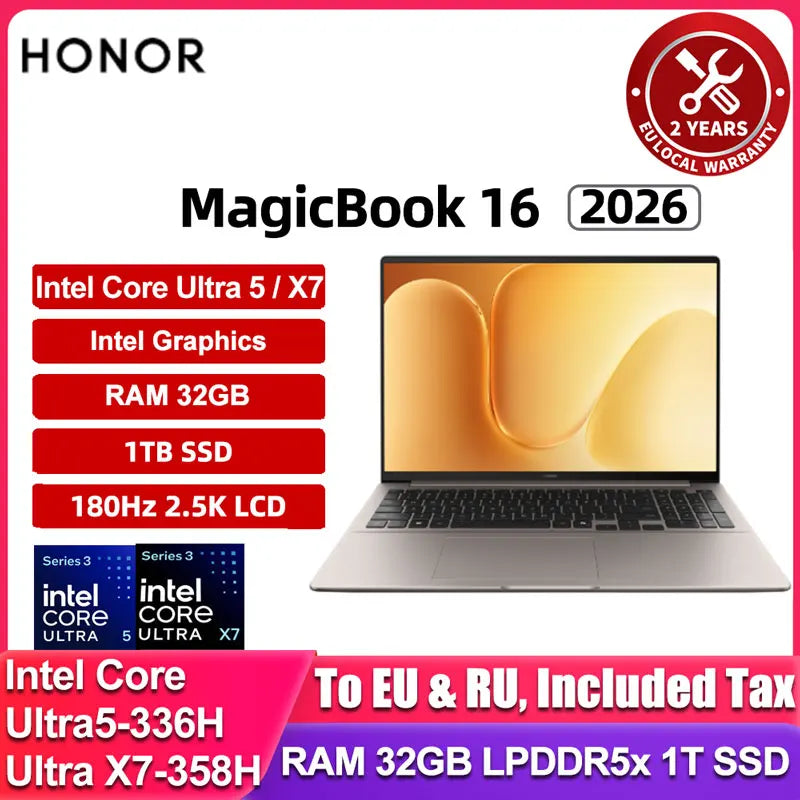 Honor MagicBook 16 2026 16-inch 3rd Gen Intel Core Ultra5 336H/Ultra X7 358H 32GB 1TB/32GB 2TB  2.5K 180Hz Laptop