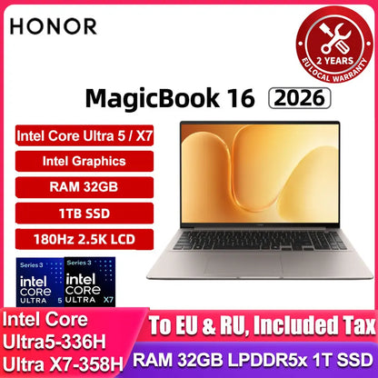 Honor MagicBook 16 2026 16-inch 3rd Gen Intel Core Ultra5 336H/Ultra X7 358H 32GB 1TB/32GB 2TB  2.5K 180Hz Laptop