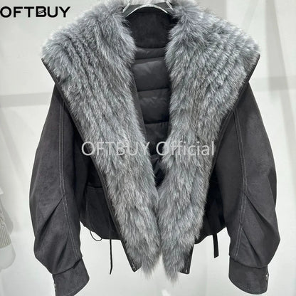 OFTBUY Real Fox Fur Collar Goose Down Jacket Winter Windproof Heavy Padded Coat Women Cropped Puffer Jacket Casual Outerwear