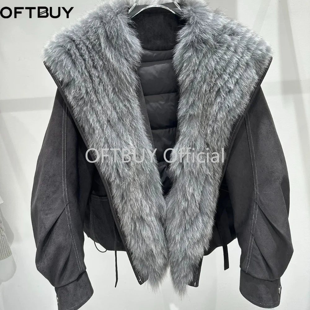 OFTBUY Real Fox Fur Collar Goose Down Jacket Winter Windproof Heavy Padded Coat Women Cropped Puffer Jacket Casual Outerwear