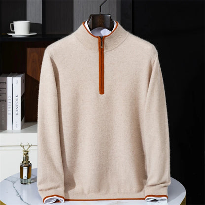 Men's 100% cashmere sweater casual knit pullover shirt loose Mock collar Tops zipper Blouse autumn/winter color blocked Jumper