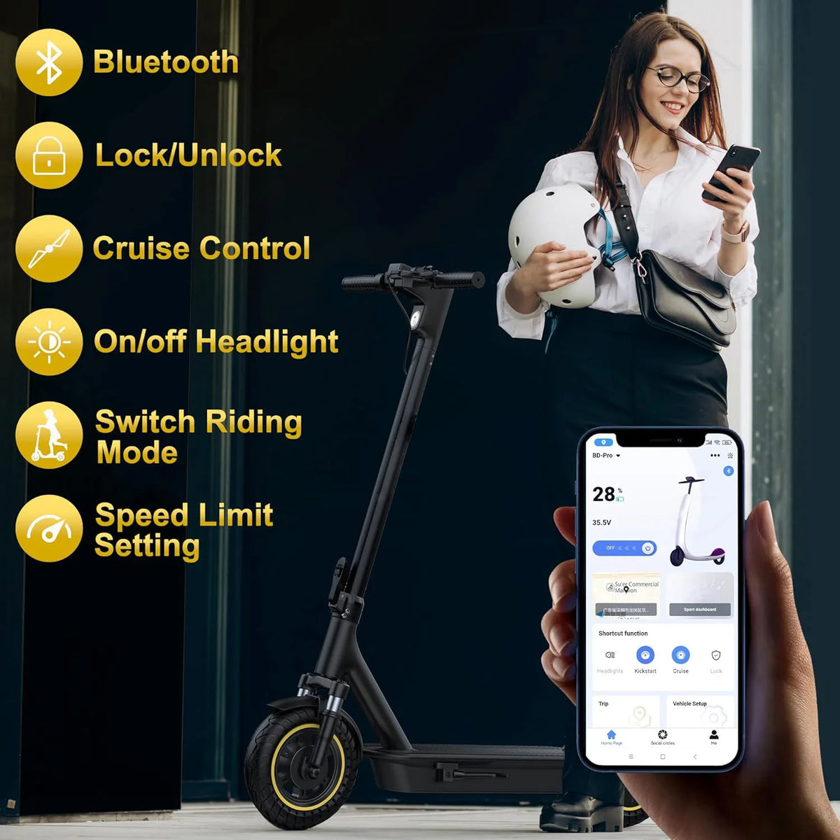 10" Adult Electric Scooter 500W Brushless Motor 22Mph Max Speed 28Miles Max Range Double Suspension & Dual Braking Waterproof Smart App Control for Commuting
