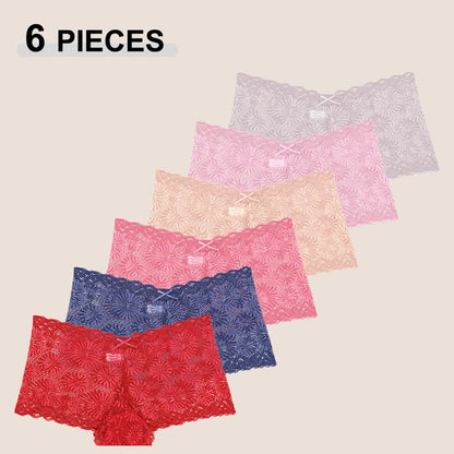 6PCS Women's Seamless Sexy Lace Perspective Boxer Shorts Solid Color Hollow Out Sunflower Bowknot Transparent Intimate Lingerie