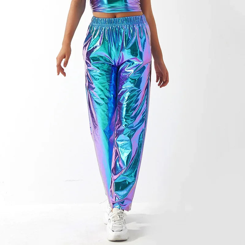 Aurora Laser Gradient High-Waist Pants | Iridescent Stretch Straight-Leg Trousers | Women's Rave & Streetwear Bottoms