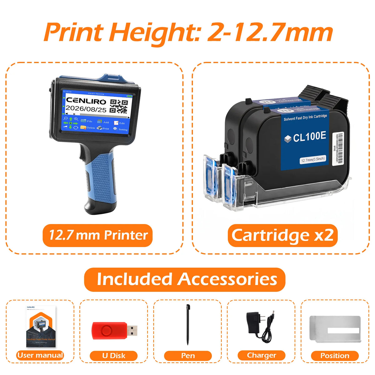 Cenliro Upgrated Handheld Inkjet Printer CL12B with Black Fast-drying Ink Cartridge for Date Batch Number Logo QR Code 600DPI