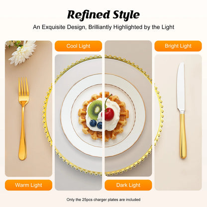 Round Clear Gold Beaded Charger Plates 25 Pack PS Plastic Dinner Under Plates 32cm Decorative Serving Plates for Wedding Banquet Party Table Decor