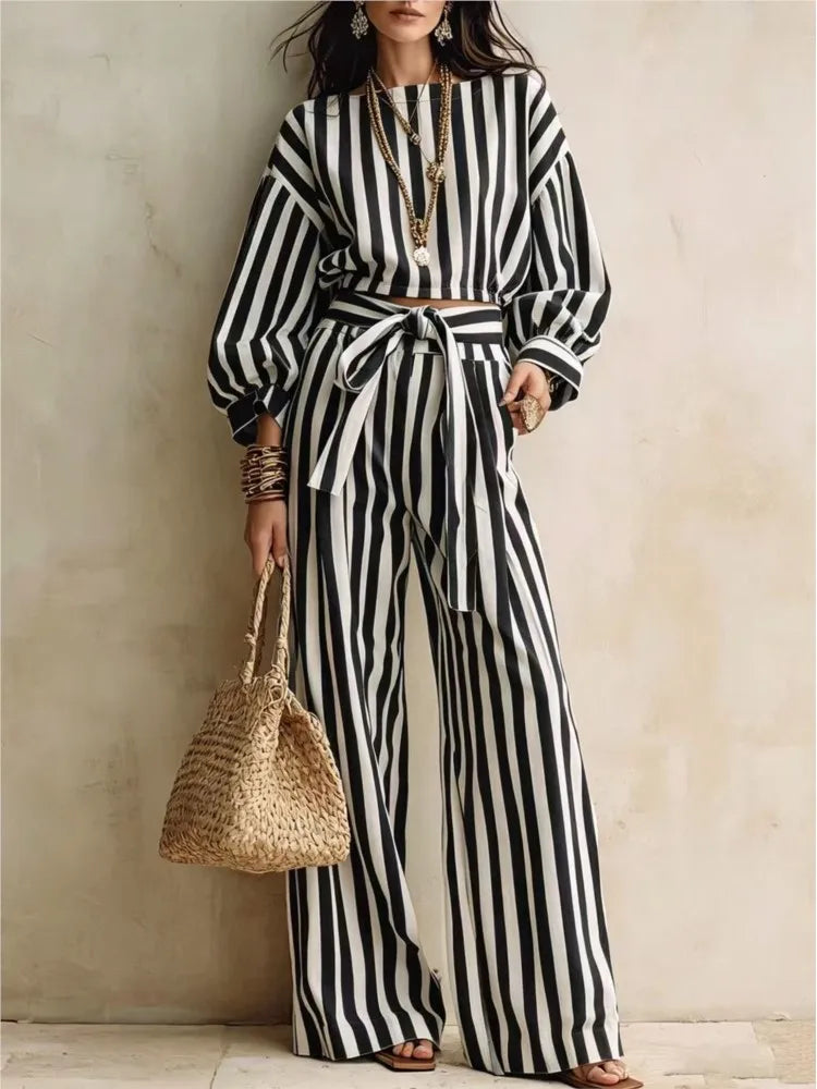 Women New Striped Long-sleeved Shirts Trousers 2piece Set Fashion Casual Ultra-short Top Waisted Lace-up Loose Wide-leg Long Set