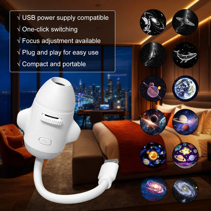 2-in-1 Rocket Galaxy Projection Light Adjustable Focus Ambient Star Projector Lights Car Projection Lamp Space Moon Night Light