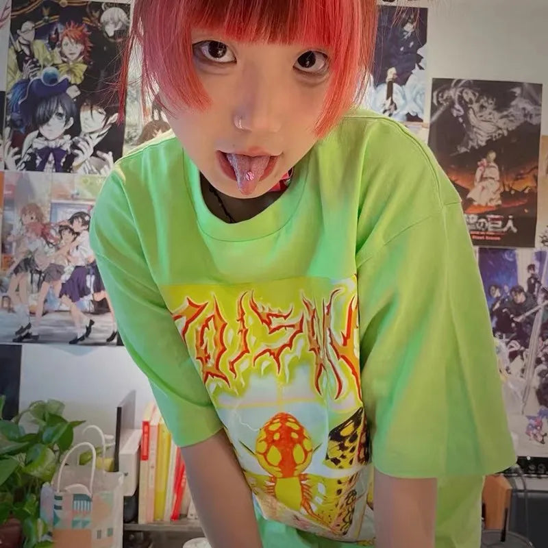 Karrcat Y2k Aesthetics T-shirt 2000s Harajuku E-girls Short Sleeve Tshirt Metal Cyber Chic Tops Punk Style Mall Goth Alt Clothes