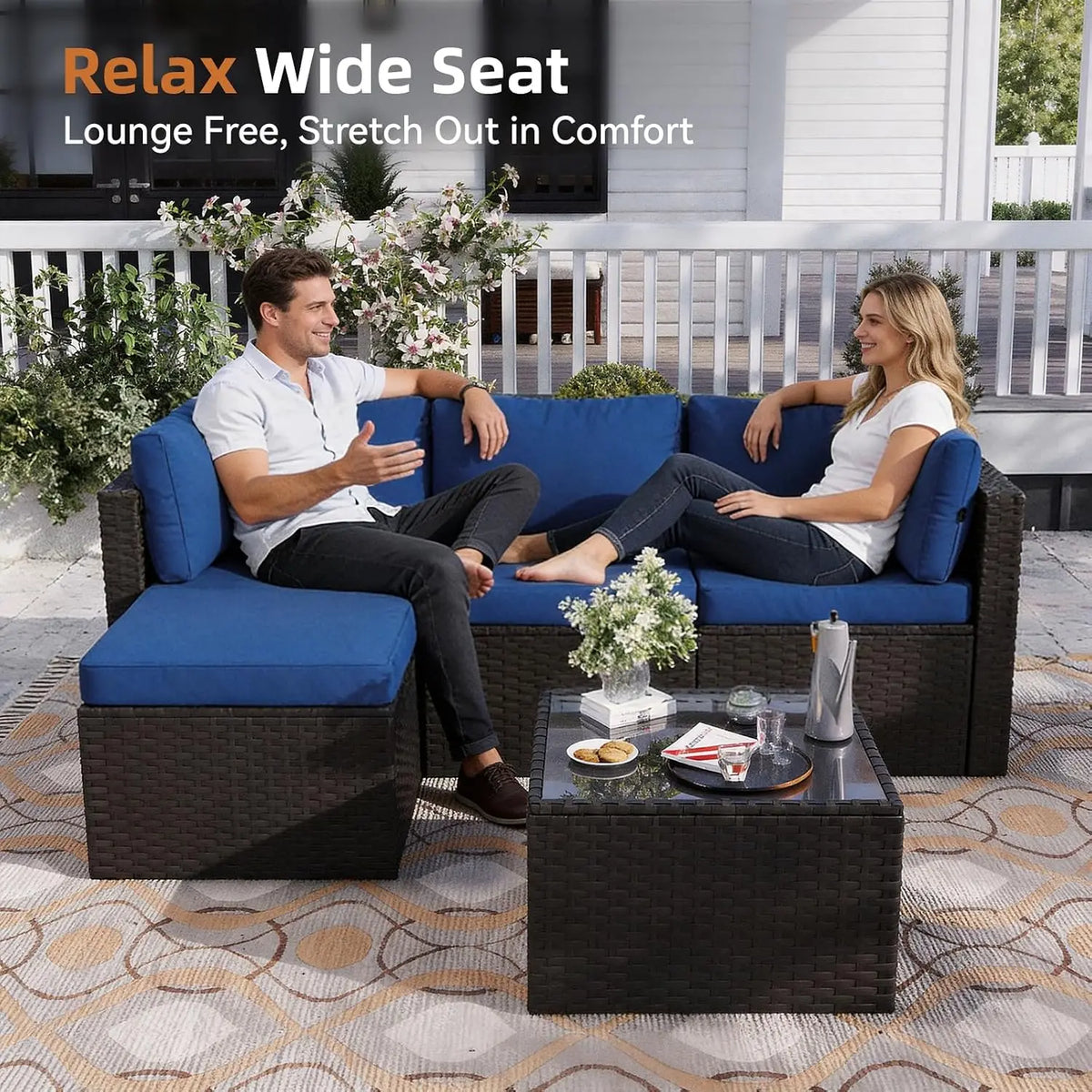 Patio Furniture Set 5-Piece, Outdoor Sectional Sofas with Washable Cushion, Wicker Rattan Patio Conversation Sets, Customized