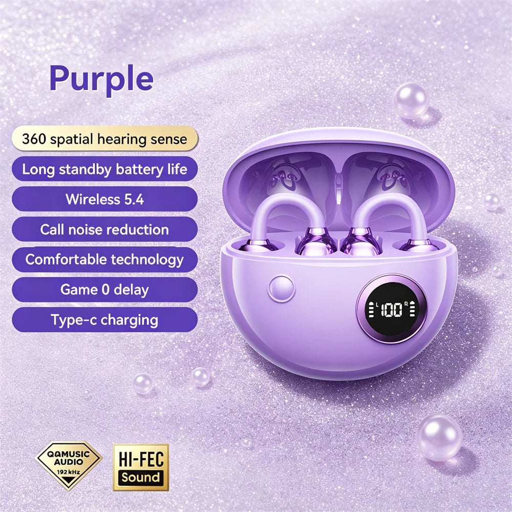 Open Wireless Earphone Fashion Plated Ear Clip Bluetooth Headset 9D Surround Stereo 0 Delay Long Battery Life Game Condenser Mic