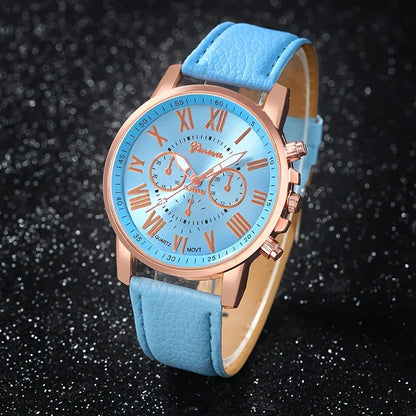 Fashion 5pcs women's quartz watch set, paired with blue butterfly jewelry - round zinc alloy case, PU leather strap
