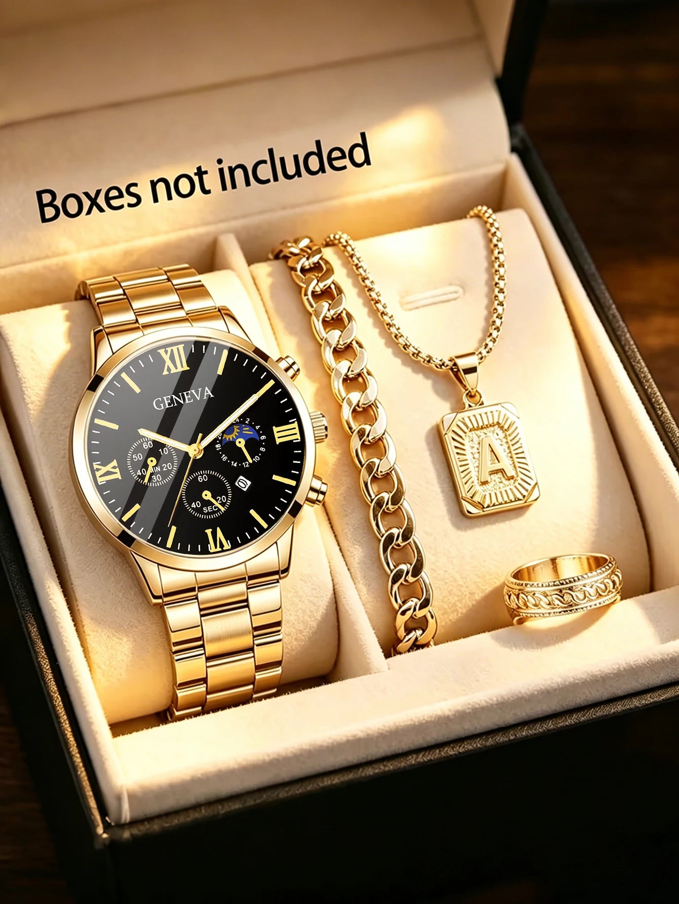 Men's Trendy Quartz Watch Set with Bracelet Necklace Ring Calendar Function Birthday Gift Not including Box