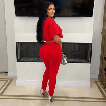 Women's Fashion White Two Piece Set Solid Loose Round Neck Piercing Pin Short T-shirt Pants 2026 Spring/Summer Set Red Black