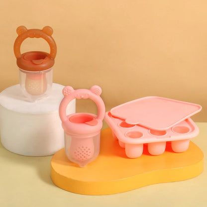 BPA Free 2 In 1 Baby Food Feeder and Silicone Baby Popsicle Mold Set Bear Fruit Teething Feeder Freezer Baby Food Storage Ice Lolly Mold for Infant Teething Supplementary Food Making