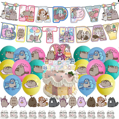 The Pusheen Cat Balloons Birthday Decoration Party Supplies Cartoon Grey Pet Fat Cat Theme Banner Backdrop Cake Topper Sticker