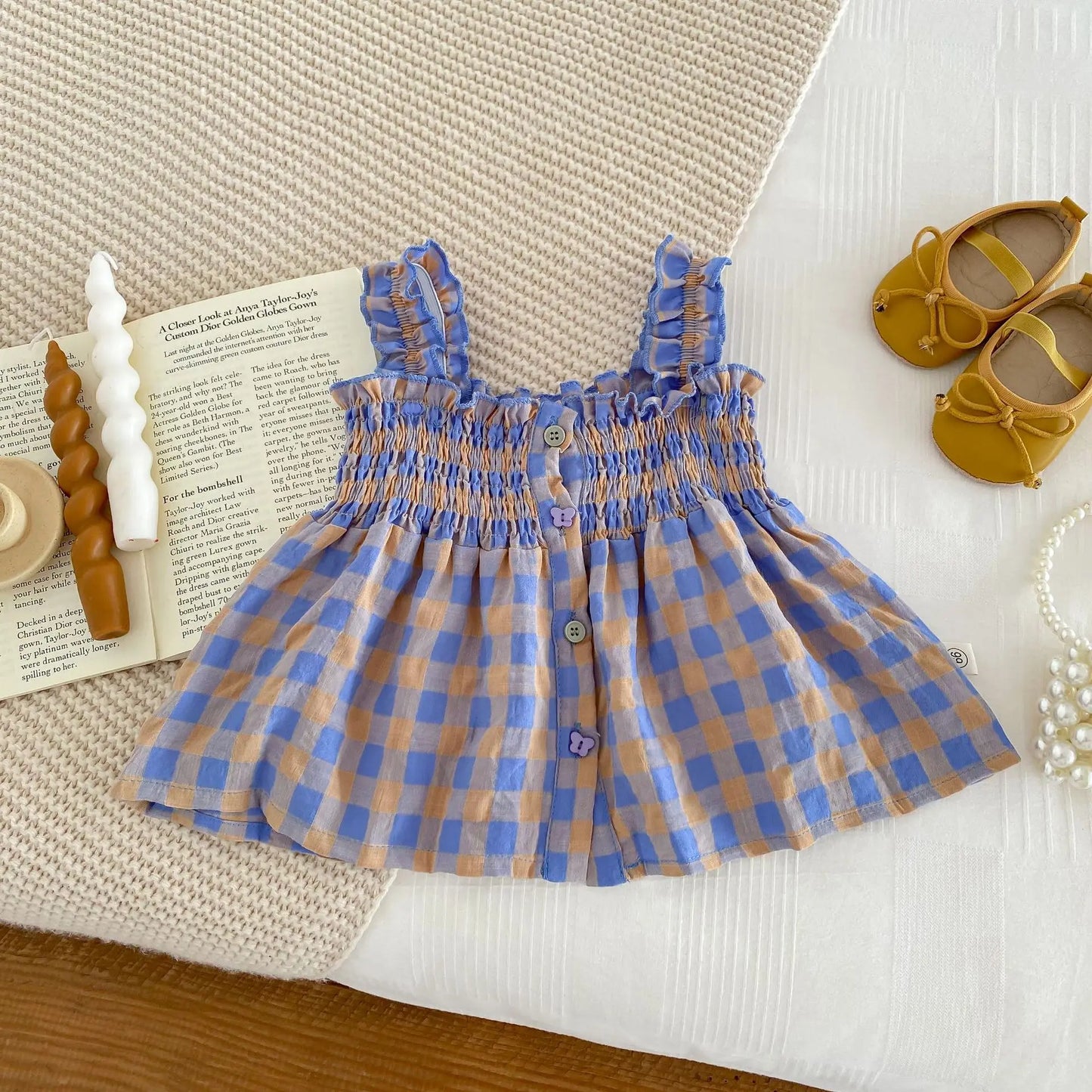 Korean Style Baby Girl Set Suspender Shirts with Shorts Purple Plaid Two Piece Suit Girls Summer Beach Casual Clothes