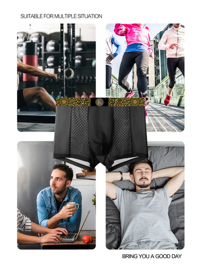 1PC Mesh Ice Silk Boxer Shorts Men's Underwear Underpants Luxury Boys Retro Panties Bamboo Lingerie Plus Size Gold Black Print