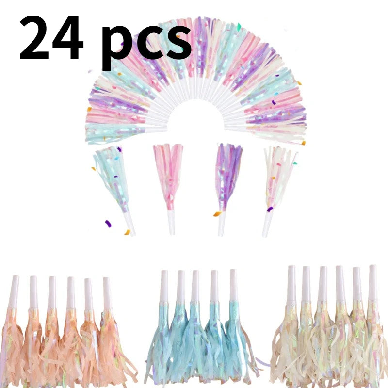 6/24Pcs Glitter Tassel Party Blowout Horn Whistles Wedding Noise Makers Valentine Easter Thanksgiving Gathering Party Favors