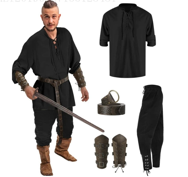 4 Pcs Halloween Men's Renaissance Costume Set Medieval Pirate Shirt Ankle Banded Pants Viking Belt Accessories