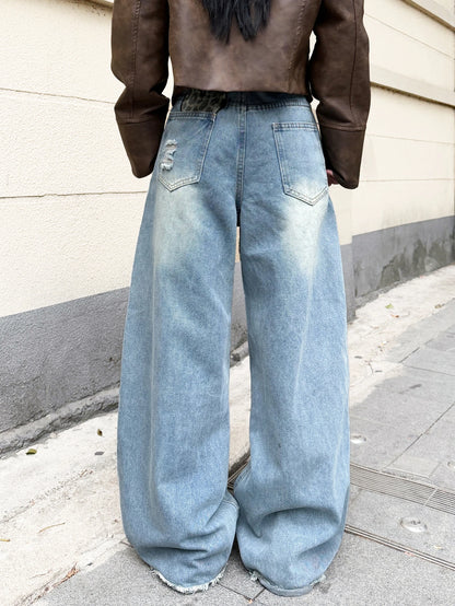 American Retro Heart-Shaped Leopard Print Patchwork Women's Loose High-Waisted Blue Wide-Leg Jeans, Street Fashion Niche Design Versatile Trousers