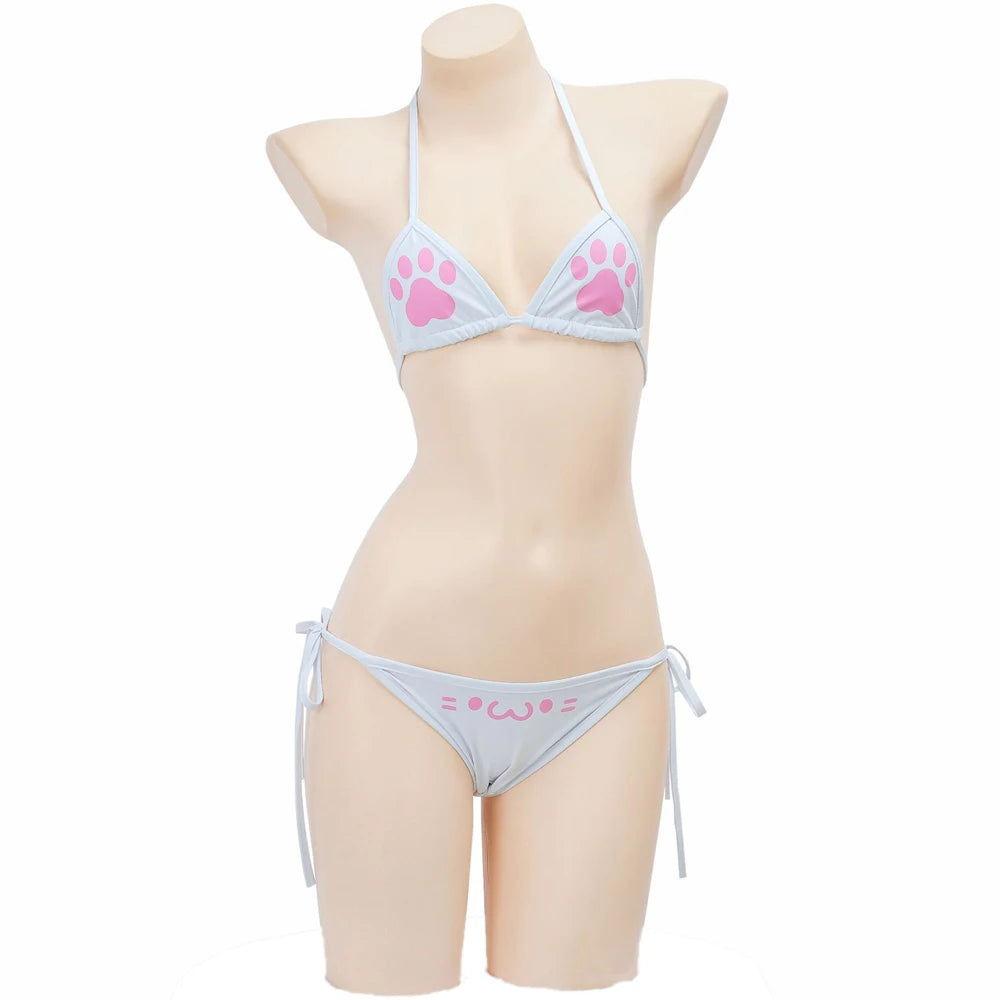 Anime Kawaii Girl Cute Cat Paw Bikini Swimsuit Women Claw Pattern Three Point  Underwear Set Costume Cosplay