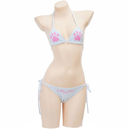 Anime Kawaii Girl Cute Cat Paw Bikini Swimsuit Women Claw Pattern Three Point  Underwear Set Costume Cosplay