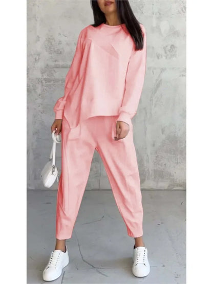 Autumn Winter Solid Color Casual Loose Irregular Long Sleeve Hoodie Women's Suit Fashion Simple Harun Pants Female 2 Piece Set