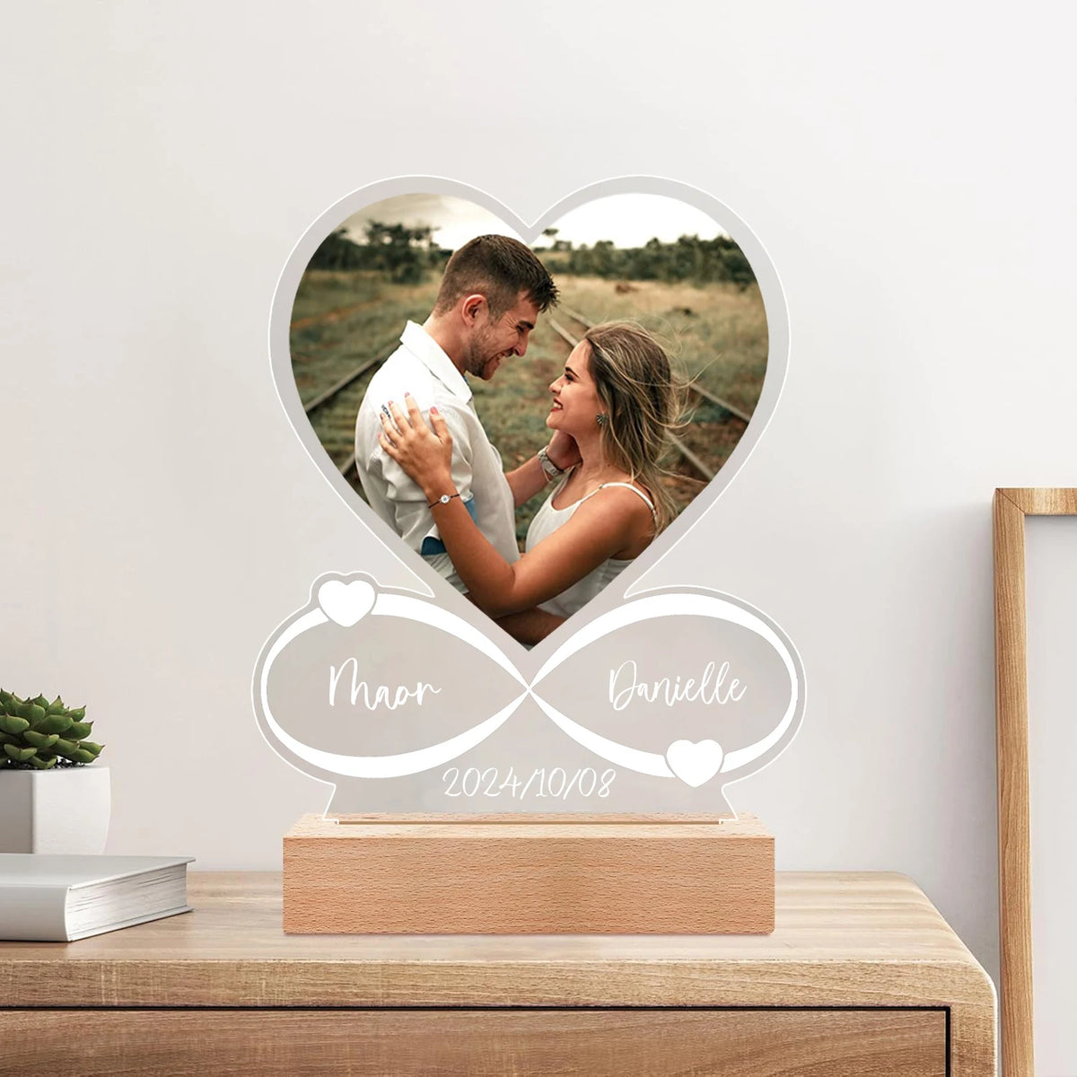 Personalized Photo Frame with Night Light, Customized Picture Frame, Personalized Anniversary Couple Gifts for Women Girlfriend