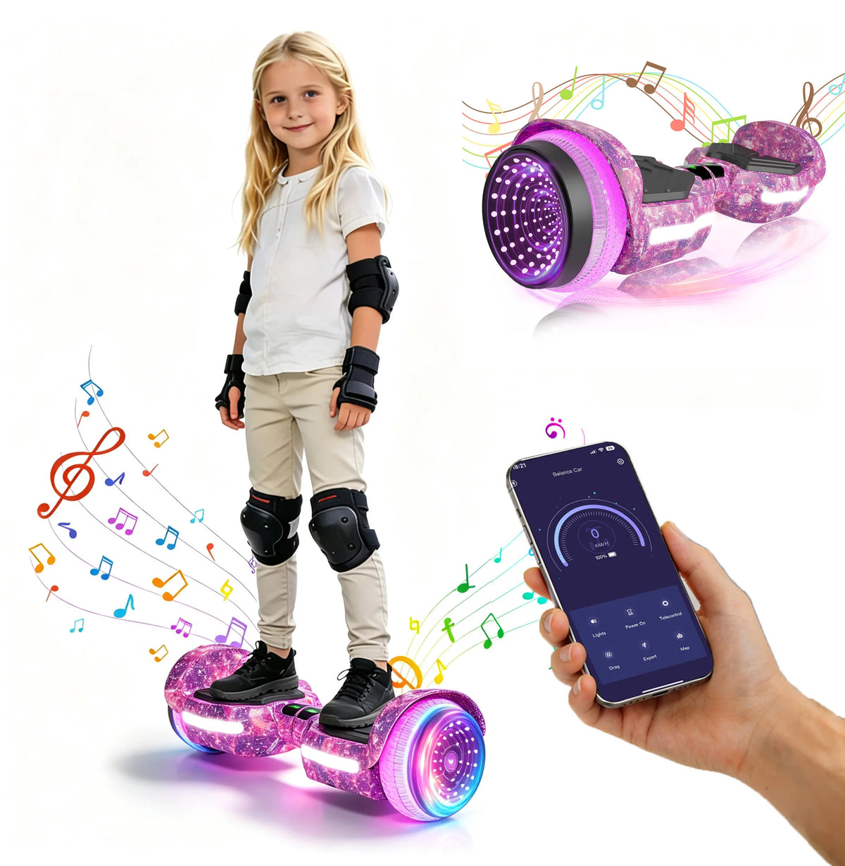 Commugo Electric Scooter All Terrain Self-Balancing Scooter with Bluetooth Speaker and LED Lights, 300W X 2 Hoverboard 7.5mph for kids adults