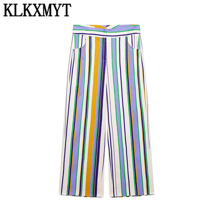 KLKXMYT Chic Stripe Pants Set Women Sleeveless Short Shirt Top Straight Trousers Suits 2026 Summer Woman Outfits ﻿