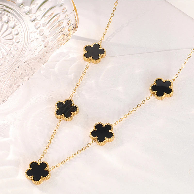 14K Gold Plated Stainless Steel Necklace Woman Five Leaf Petals Double