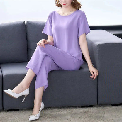 Cotton Silk Suit Summer Women's Sets New Casual Solid Color Short Sleeve Ankle-Length Pants 2 Piece Set Middle Age Mother Outfit
