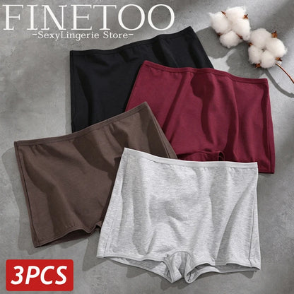 FINETOO 3PCS Women Seamless Cotton Boxer Short Solid Color High Rise Elastic Underwear Female Breathable Boyshorts Sexy Lingerie