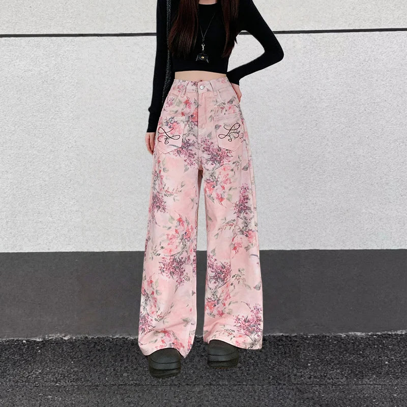 2025 Trend Y2K Style Flowers Printed Pink Baggy Women's Jeans Pants Woman Clothing Korean Casual Cotton Long Trousers Ropa Mujer
