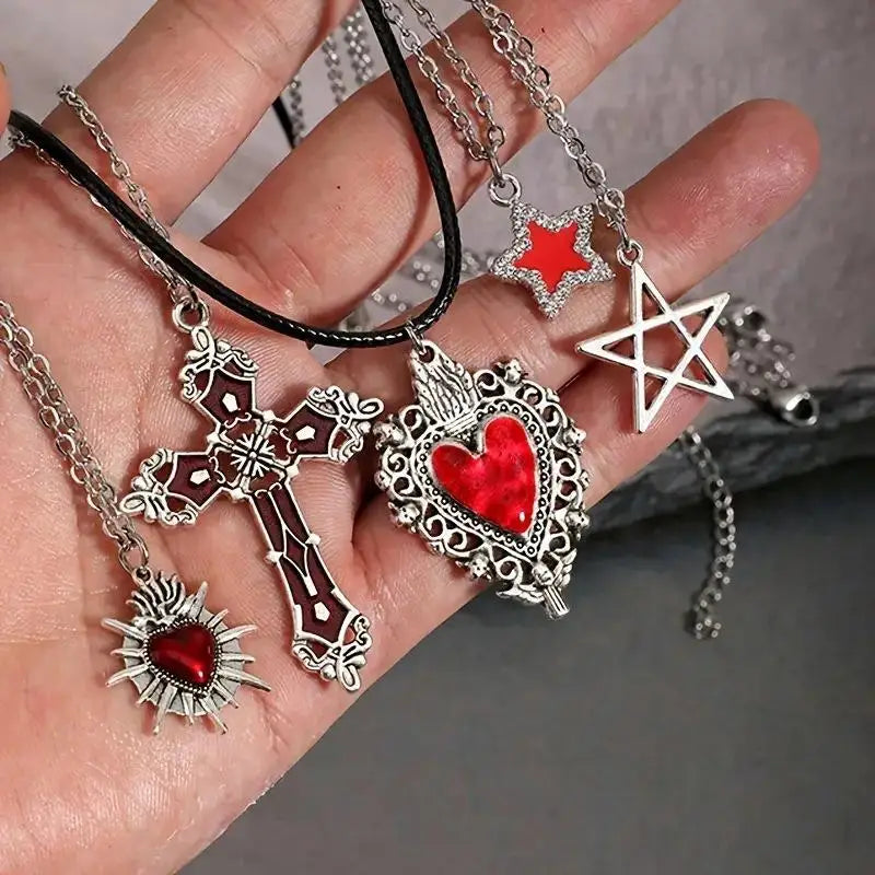 5Pcs Gothic Necklace Set For Women Halloween Jewelry Heart Bat Spider Cross Pendant Sweater Chain Trendy Daily Accessories Gift