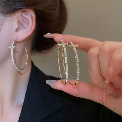 Shiny Big Circel Cross Hoop Earrings for Women Exquisite Rhinestones Ear Buckles Earrings High-end Geometric Ear Rings Jewelry