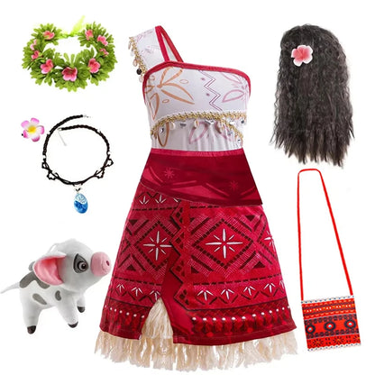 New Movie Moana 2 Dress for Girls Adventure Costume Girl Princess Fancy Clothes Children Vaiana Carnival Party Necklace Pig Set