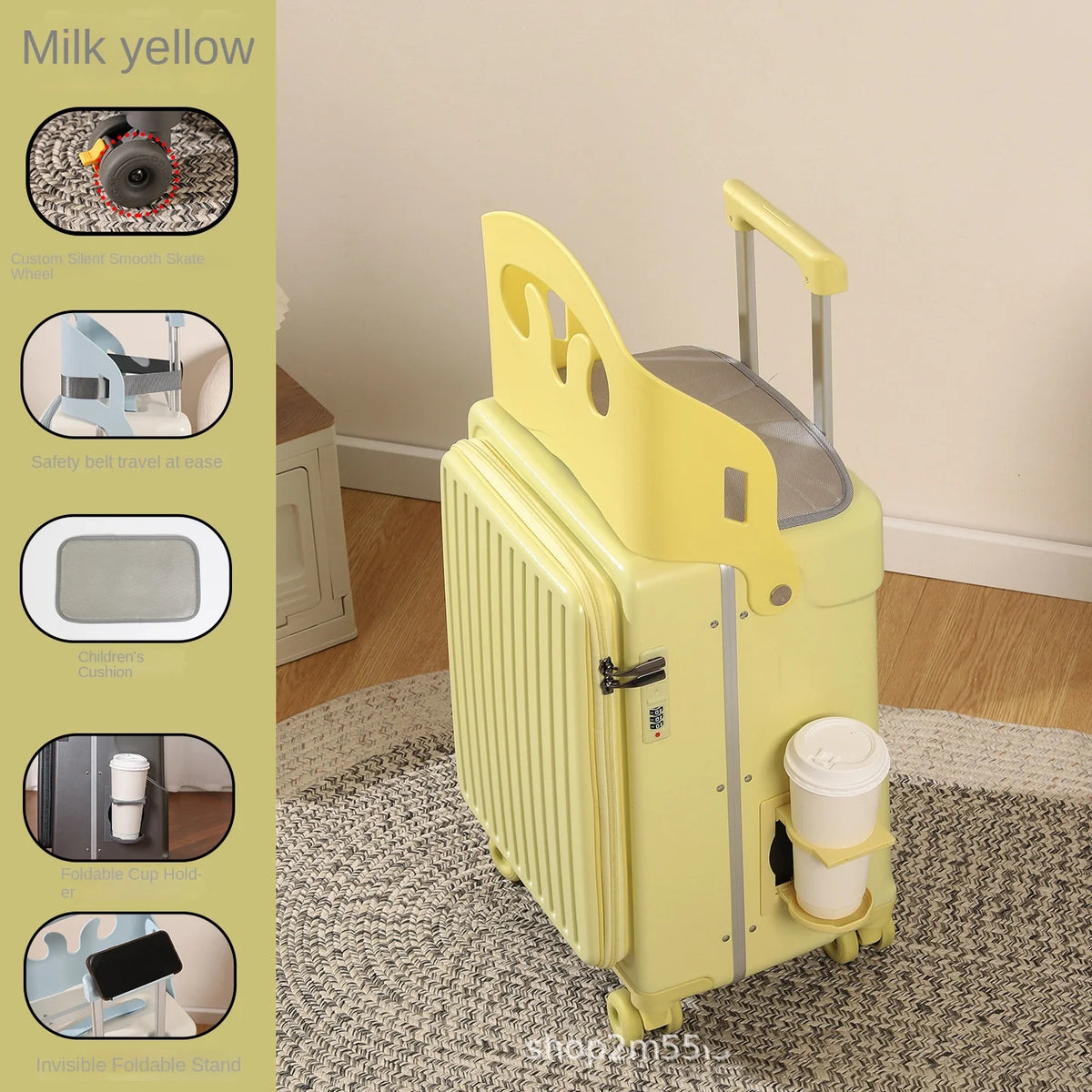 New Suitcase for Children Can Sit 20/22/24 Inch Ride on Luggage Front Opening Sturdy Thickened Travel Suitcase with Cup Holder