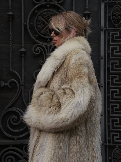 Women Winter Faux Fur Coat Long Fluffy Beige Old Money Style 2026 New Lapel Collar Elegant Warm Luxury Outerwear