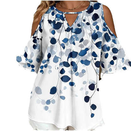 Women's Plus Size Women's Blue Leaf Print Off Shoulder V-Neck Hollowed Out Mid Sleeve Top, Commuting and Leisure Vacation Top