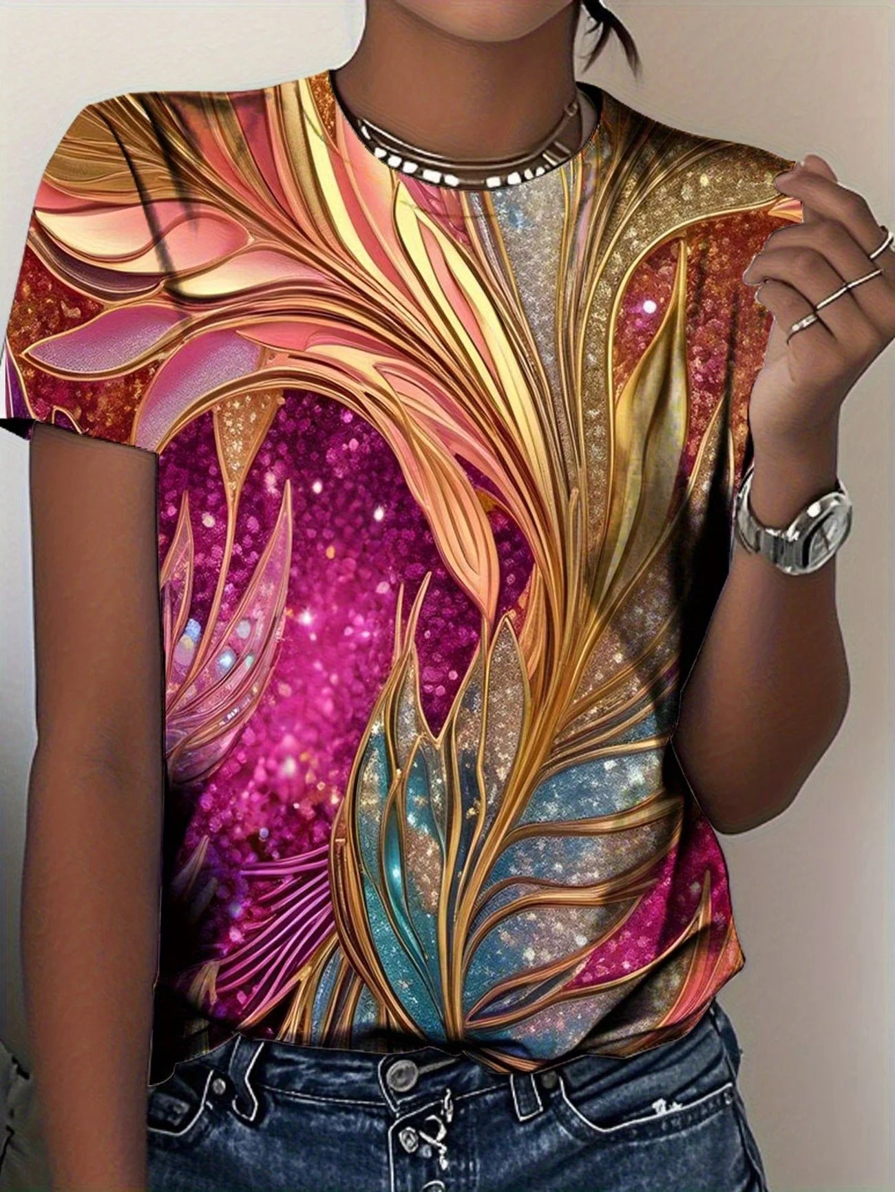 LUXURIOUS GLITTERY FEATHER PRINT IN GOLD, PINK & TEAL HUES—OPULENT, EYE-CATCHING STYLE. PAIR WITH JEANS FOR A STUNNING, GLAMOROU