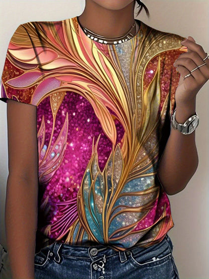 LUXURIOUS GLITTERY FEATHER PRINT IN GOLD, PINK & TEAL HUES—OPULENT, EYE-CATCHING STYLE. PAIR WITH JEANS FOR A STUNNING, GLAMOROU
