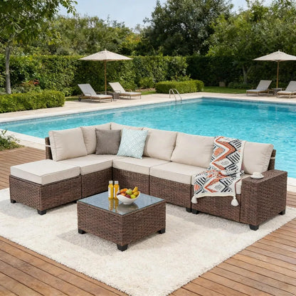 7-Piece All-Weather Wicker Outdoor Sectional Sofa with Coffee Table for Porch, Custom